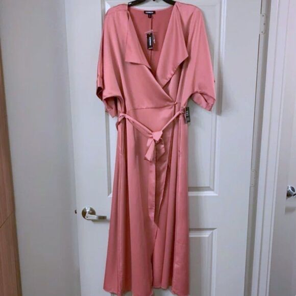 Express Satin Wrap Midi Dress in Rose Pink - Picture 7 of 11